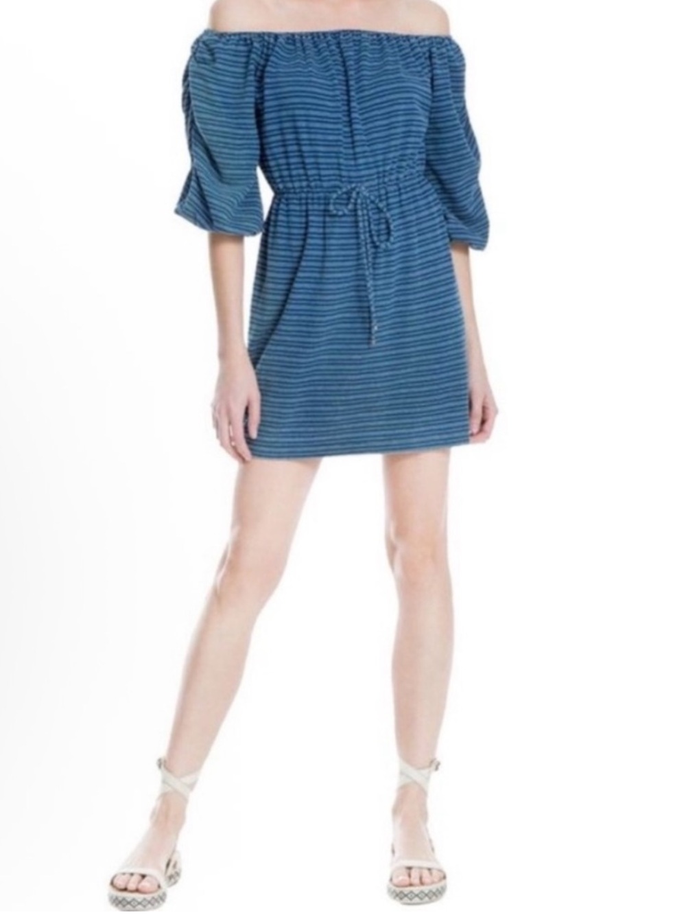 Max Studio Striped Off-Shoulder Mini 3/4 Sleeve Dress, Blue & White, Sz M